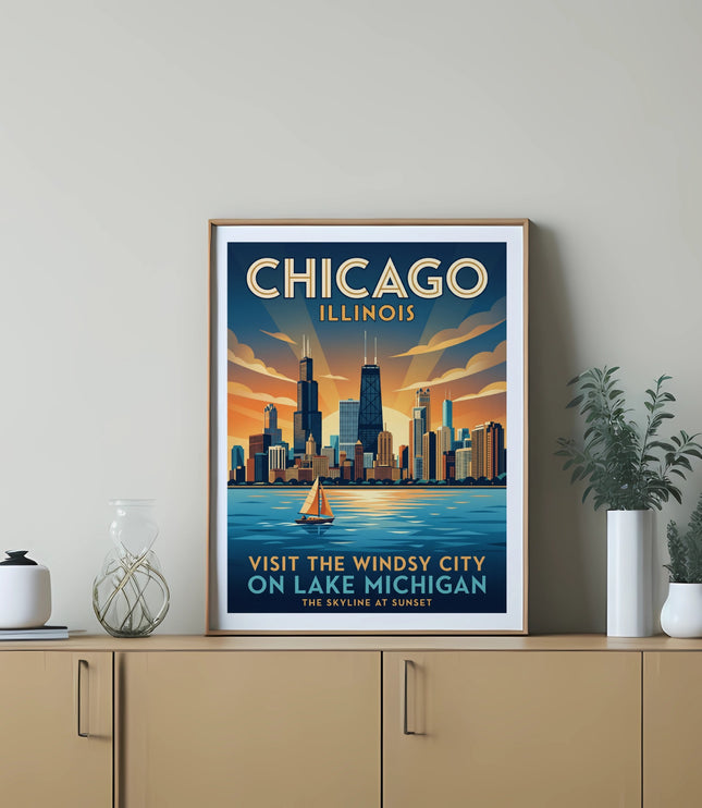 Framed Chicago Illinois art print showing city skyline on Lake Michigan at sunset.