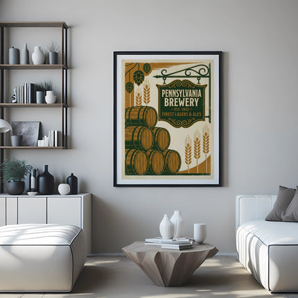 Pennsylvania Brewery sign with barrels and hops above a modern living room scene.