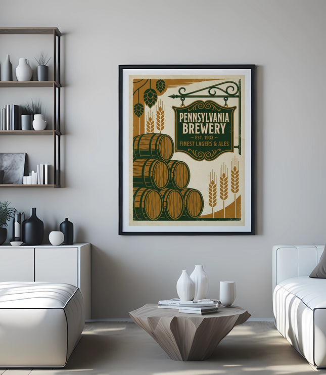 Pennsylvania Brewery sign with barrels and hops above a modern living room scene.