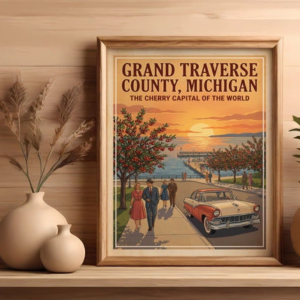 Grand Traverse County, Michigan vintage travel poster with cherry trees and a classic car.
