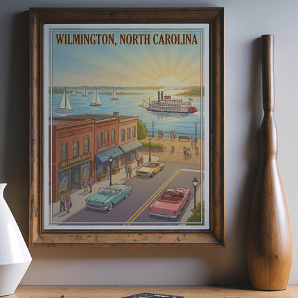 Vintage style poster of Wilmington, North Carolina with riverboats and sailboats.