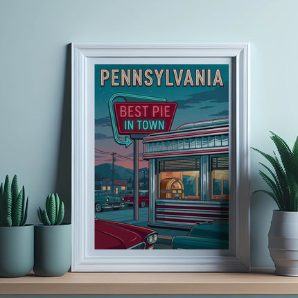 Diner with "Best Pie in Town" neon sign, classic cars, framed art.