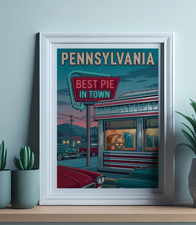 Diner with "Best Pie in Town" neon sign, classic cars, framed art.