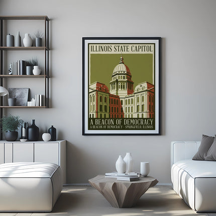 Framed poster of Illinois State Capitol building with text "A BEACON OF DEMOCRACY".