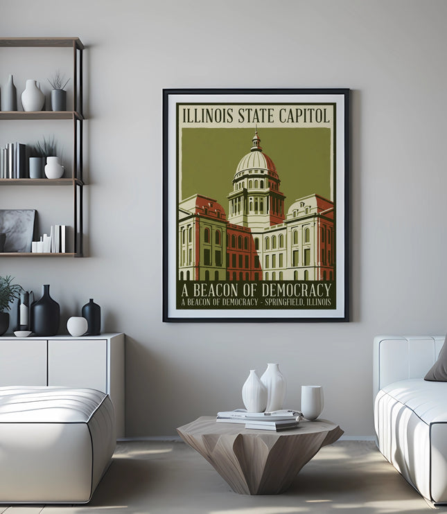 Framed poster of Illinois State Capitol building with text "A BEACON OF DEMOCRACY".