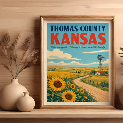 Thomas County Kansas poster with sunflowers, windmill, and rolling fields.