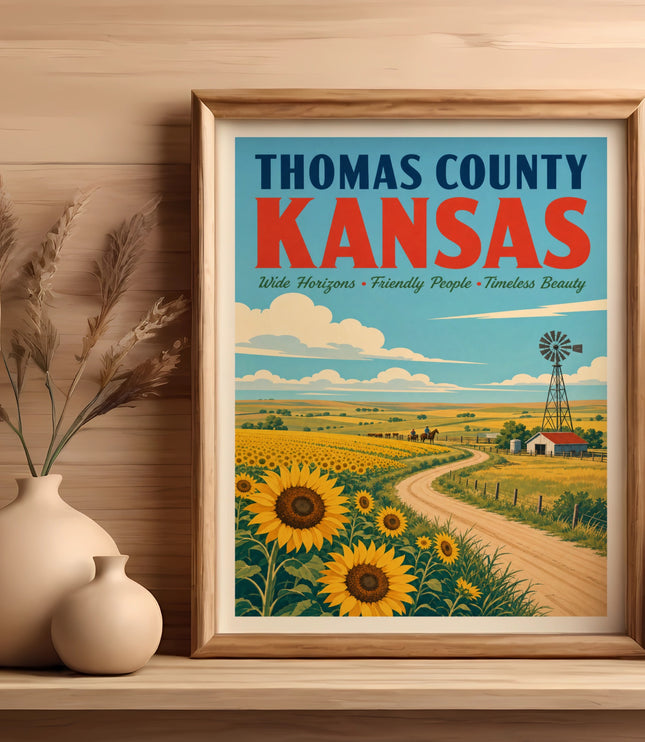 Thomas County Kansas poster with sunflowers, windmill, and rolling fields.