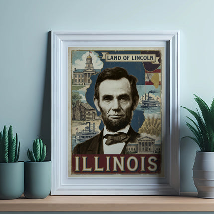 Framed portrait of Abraham Lincoln with Illinois landmarks and steamboats.