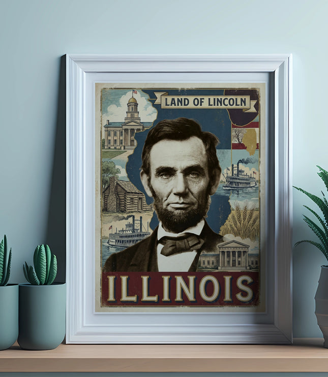 Framed portrait of Abraham Lincoln with Illinois landmarks and steamboats.