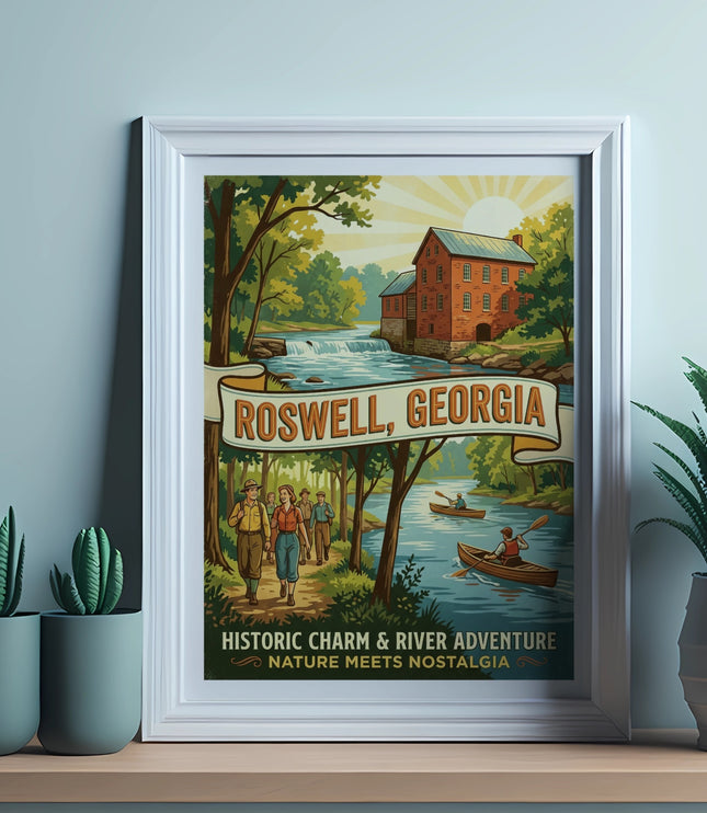 Roswell, Georgia vintage travel poster with people hiking and kayaking.