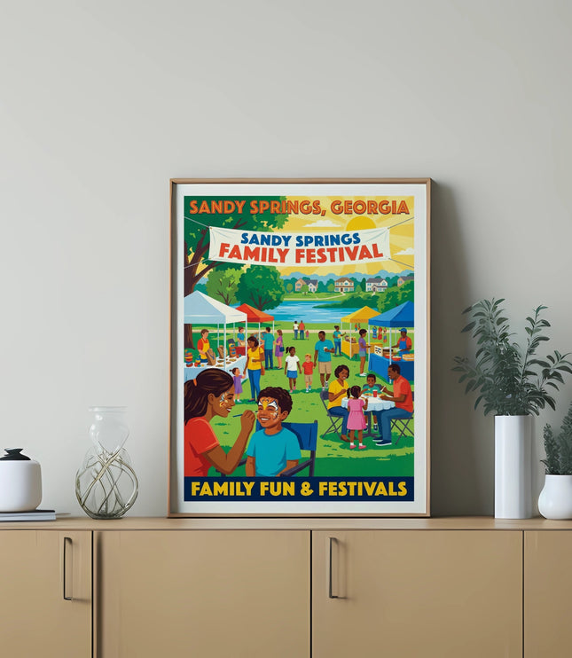 Sandy Springs, Georgia Family Festival poster showing face painting and booths.