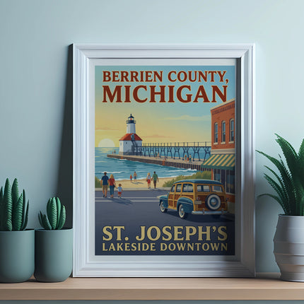 Berrien County, Michigan St. Joseph's Lakeside Downtown poster with lighthouse and classic car.