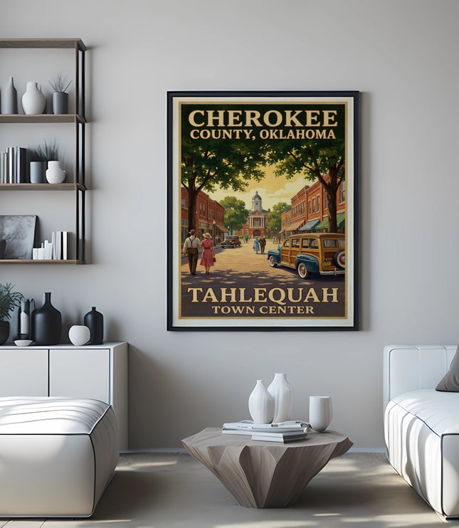 Poster of Cherokee County, Oklahoma, Tahlequah Town Center with vintage style artwork.