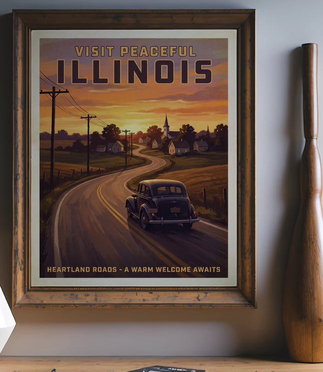 Framed "Visit Peaceful Illinois" poster with vintage car on winding road at sunset