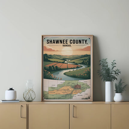 Map of Shawnee County, Kansas, with illustrated landscape and river.