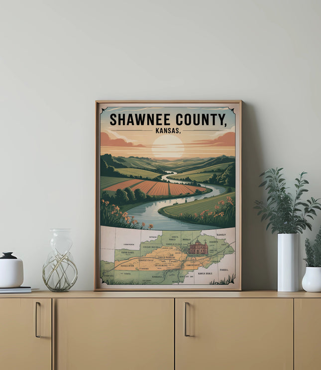 Map of Shawnee County, Kansas, with illustrated landscape and river.