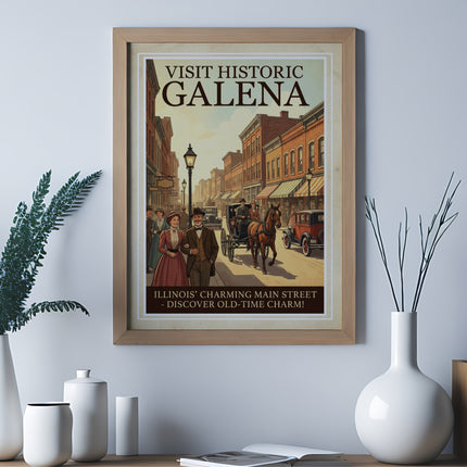 Vintage poster for "Visit Historic Galena" Illinois, showing charming old town street scene.
