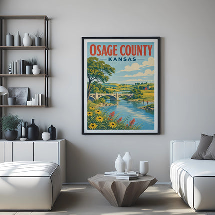 Vintage poster of Osage County, Kansas with bridge, river, and sunflowers.