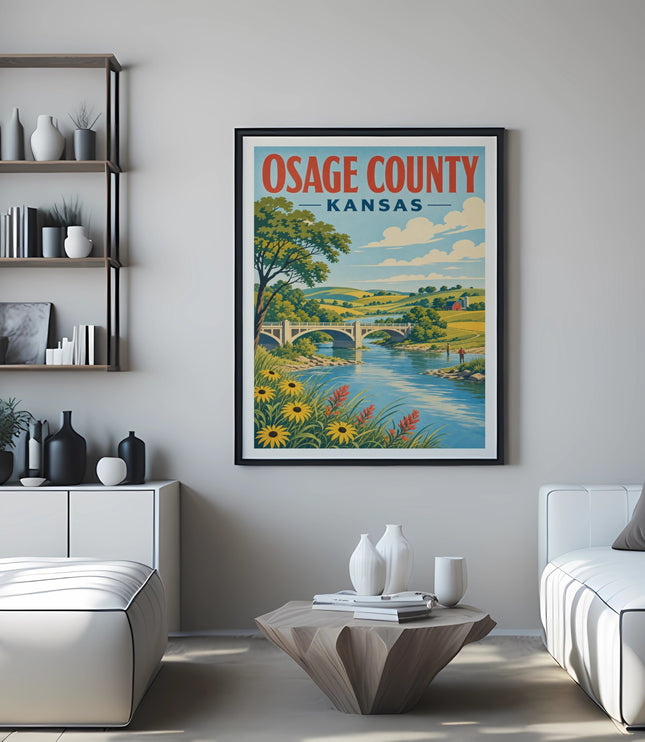 Vintage poster of Osage County, Kansas with bridge, river, and sunflowers.