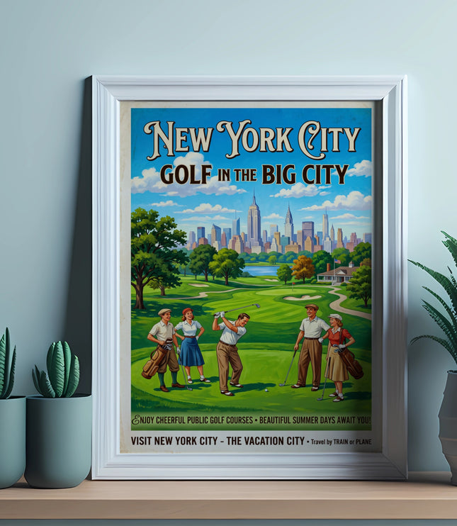 New York City Golf in the Big City vintage travel poster.