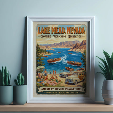 Lake Mead, Nevada vintage poster: boating, picnicking, recreation, and lakeside fun.