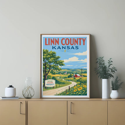 Linn County Kansas sign with farm and sunflowers.