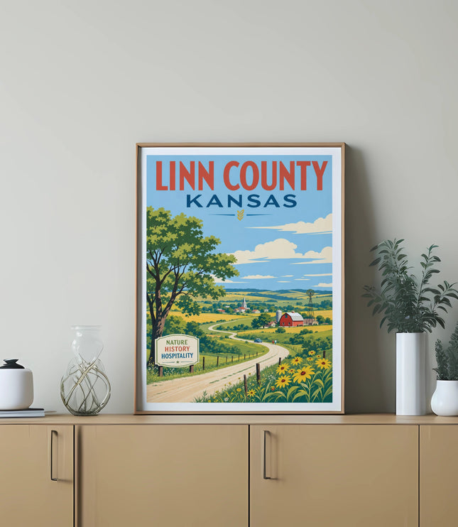 Linn County Kansas sign with farm and sunflowers.