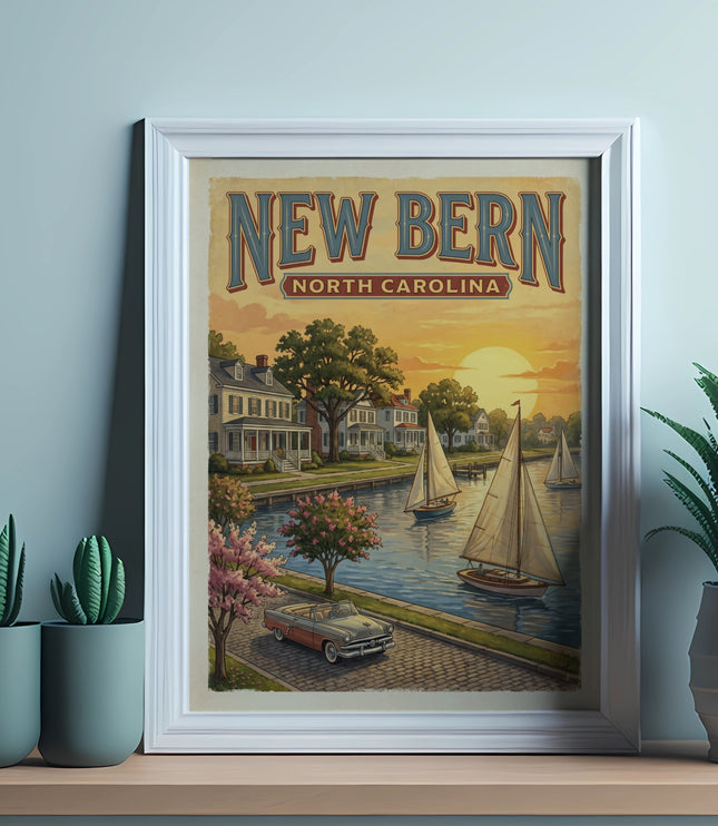 New Bern North Carolina vintage poster with sailboats and classic car by the water.