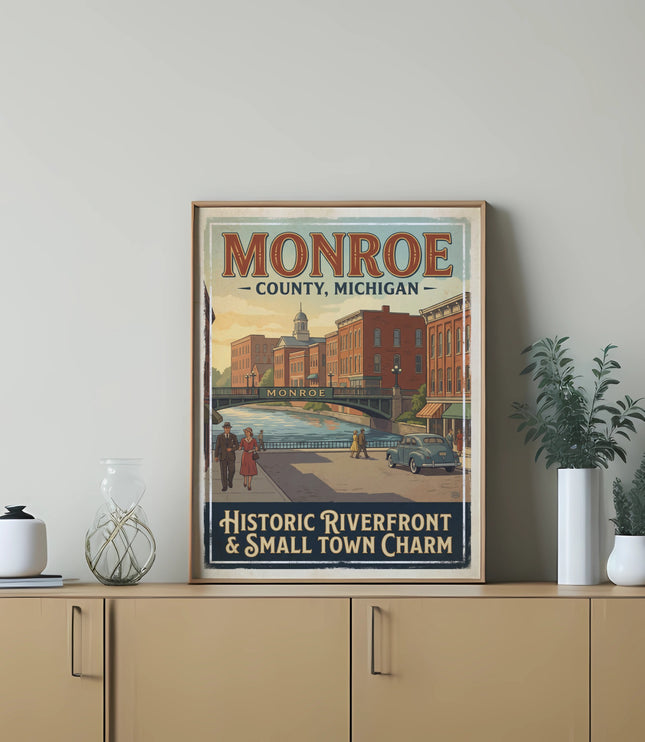 Monroe County, Michigan vintage travel poster with historic riverfront scene.