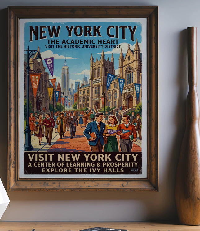 New York City academic heart WPA poster featuring university district and diverse stylized people.