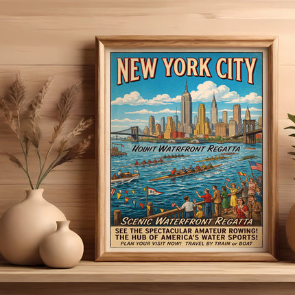 New York City scenic waterfront regatta poster with Empire State Building and rowing boats.