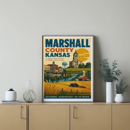Marshall County Kansas vintage travel poster with town and farm scene.