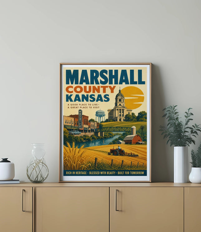Marshall County Kansas vintage travel poster with town and farm scene.