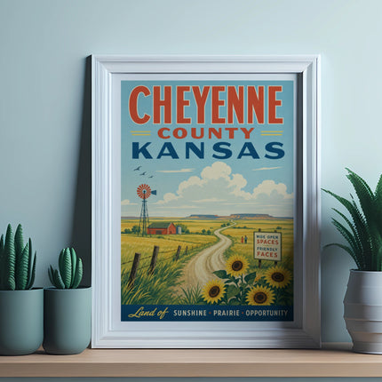 Vintage Cheyenne County Kansas travel poster with windmill and sunflowers.