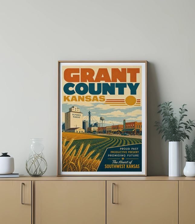 Grant County, Kansas poster featuring Ulysses with text.
