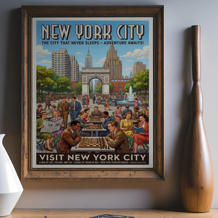 Vintage New York City poster of Washington Square, people playing chess.