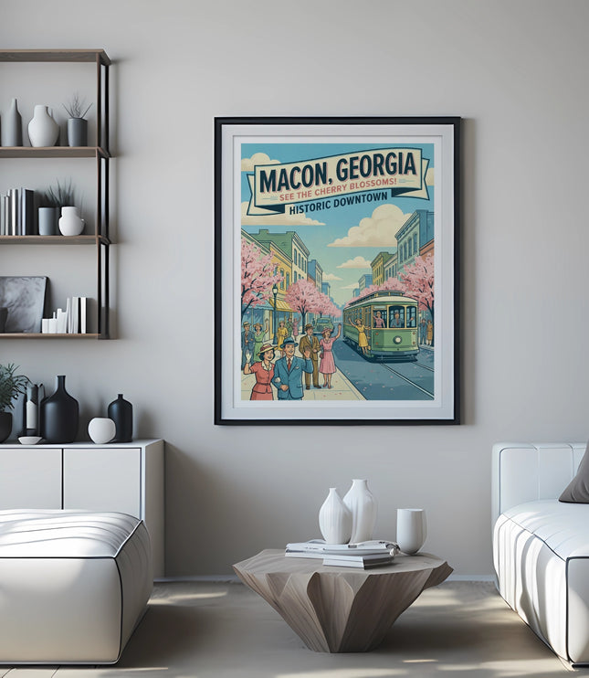 Macon, Georgia vintage poster with cherry blossoms and a trolley.