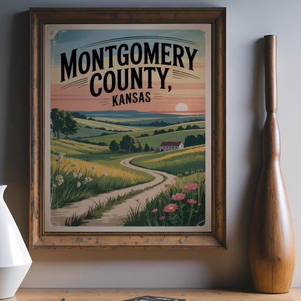 Montgomery County, Kansas landscape illustration with text above.