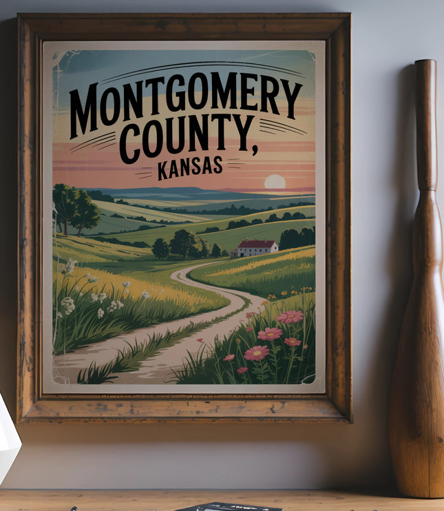 Montgomery County, Kansas landscape illustration with text above.