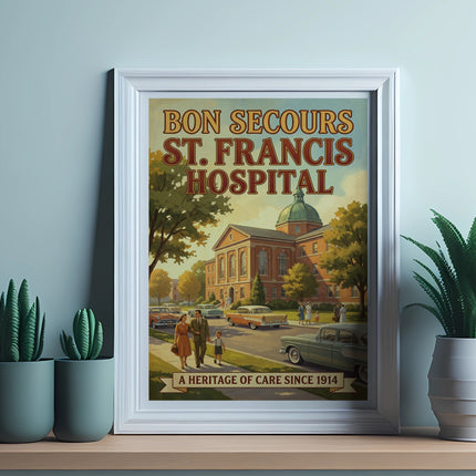 Vintage-style poster for Bon Secours St. Francis Hospital, a heritage of care since 1914.