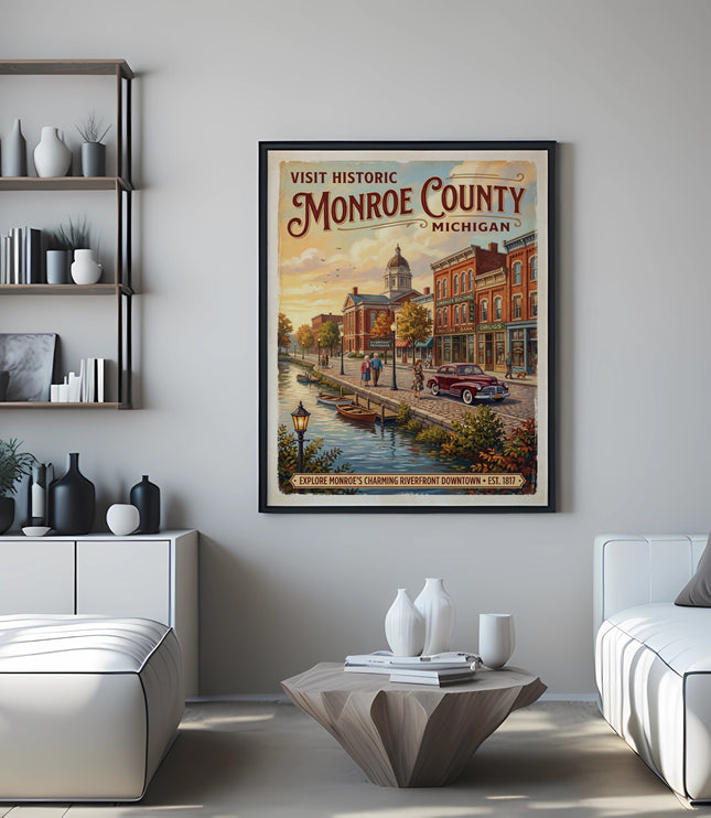 Vintage poster depicts Monroe County, Michigan riverfront with buildings and a classic car.
