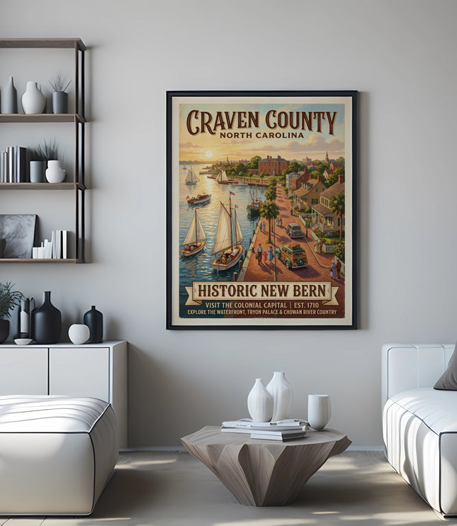 "Historic New Bern" poster on wall showing coastal town with sailboats, cars, and text details.