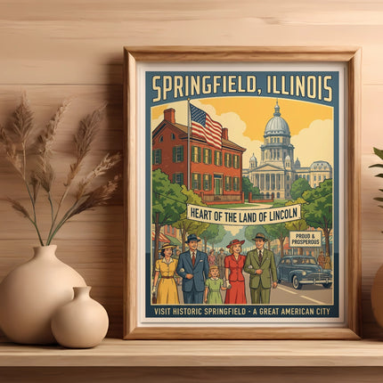 Framed print of Springfield, Illinois with historic buildings, people, and car.