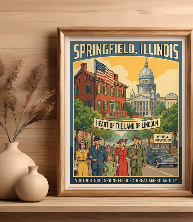 Framed print of Springfield, Illinois with historic buildings, people, and car.