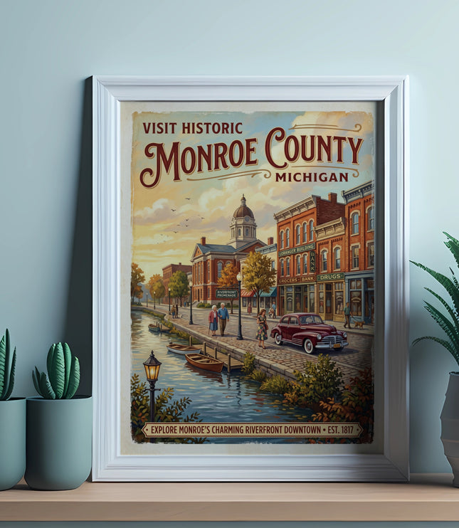Vintage poster of Monroe County, Michigan riverfront downtown, est. 1817.
