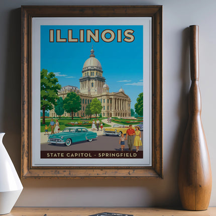 Vintage Illinois State Capitol Springfield travel poster with cars and people.