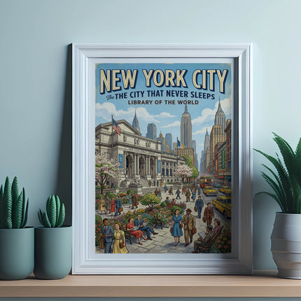 Framed vintage New York City poster with crowds outside the library.