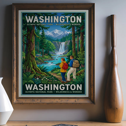 Framed poster of Olympic National Park with hikers and waterfall.