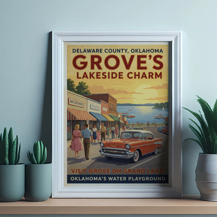 Delaware County, Oklahoma Grove's Lakeside Charm vintage travel poster.