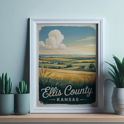 Framed vintage poster of Ellis County, Kansas with fields, wind turbines, and clouds.